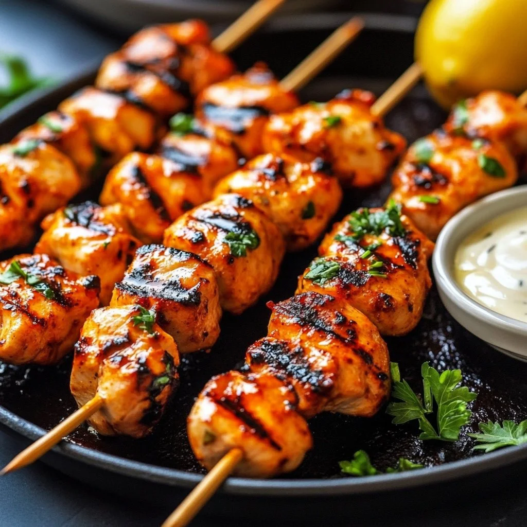 Grilled Salmon Skewers with Creamy Dill Yogurt Sauce