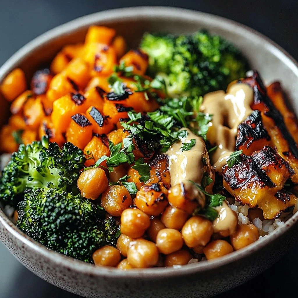 Roasted Vegetable and Chickpea Bowl with Tahini Dressing
